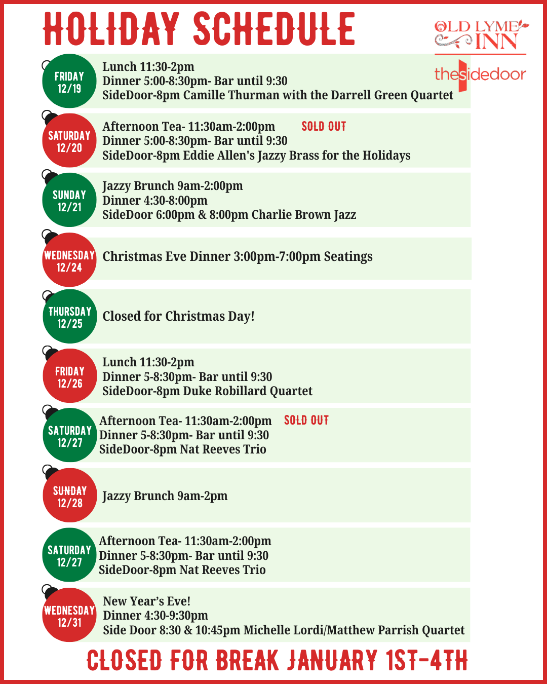 Schedule for Holidays 2025